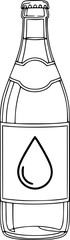 a line art drawing of a bottle, with a label and a black water drop symbol, minimal lines, white background