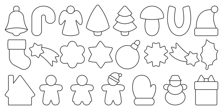 Vector illustration with black outline Christmas and New Year shapes, festive cookie cutter silhouettes on white background