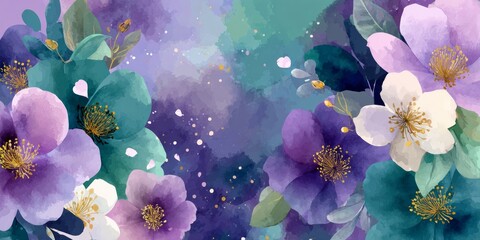 Ethereal watercolor floral background with purple, white, and teal blooms and leaves in cosmic abstract style, ideal for creative, artistic, or mystical design projects