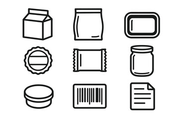 Icons of packaging: box, bag, tray, jar, label, barcode, sheet