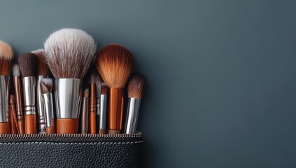 Collection of makeup brushes are displayed on a blue background. The brushes are of various sizes and colors