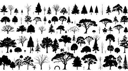 A large-scale composition of trees from diverse species, each uniquely shaped and arranged like a meticulous chart, is rendered in a minimalist vector aesthetic, with striking contrast against a prist