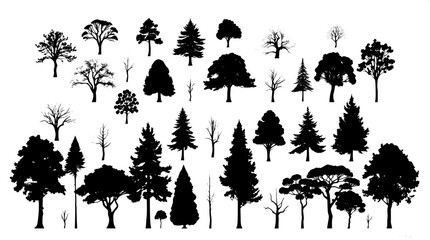 A large-scale composition of trees from diverse species, each uniquely shaped and arranged like a meticulous chart, is rendered in a minimalist vector aesthetic, with striking contrast against a prist