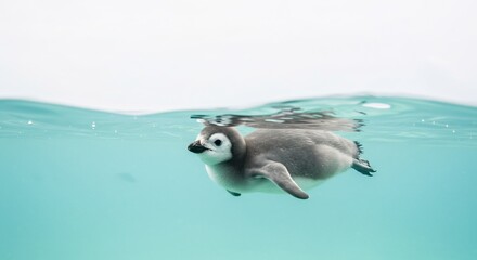 Naklejka premium Adorable penguin chick gracefully swims underwater bathed in soft sunlight. AI Generated