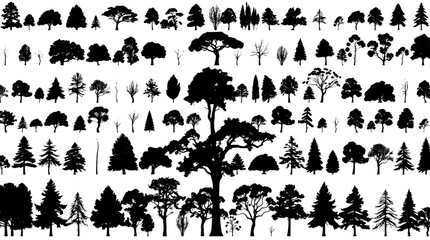 A large-scale composition of trees from diverse species, each uniquely shaped and arranged like a meticulous chart, is rendered in a minimalist vector aesthetic, with striking contrast against a prist