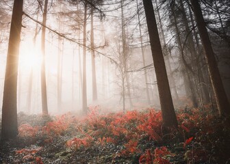 Obraz premium Aesthetic foggy forest background, nature image