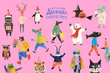 Obraz na płótnie Canvas Craft collage animal character design element set