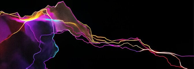 Colorful, abstract image of a mountain range with a purple line extending from the top