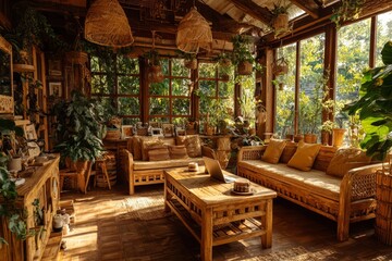 Obraz premium Cozy living room with a lot of plants and a laptop on the coffee table. The room has a warm and inviting atmosphere