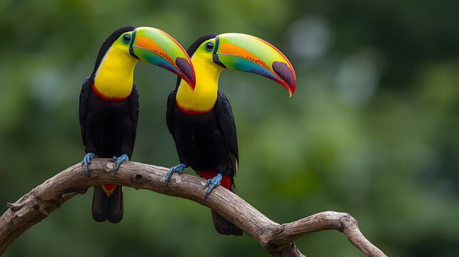 A colorful toucan with an orange and yellow beak perches on a branch in the wild Brazilian rainforest