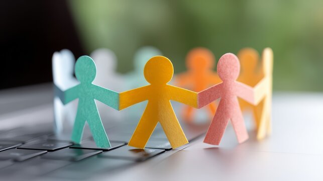 Group of people are holding hands in a circle. The people are made of paper and are of different colors