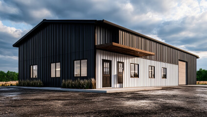 Fototapeta premium Large building with a black and white facade. The building has a lot of windows and a garage