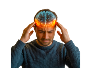Man with headache isolated on transparent background with blue brain concept