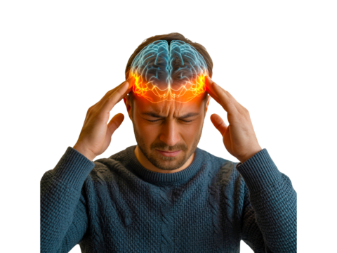 Man with headache isolated on transparent background with blue brain concept