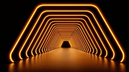 Long tunnel with orange lights. The lights are on in a row and they are orange