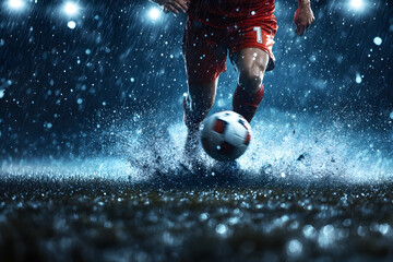 Dynamic soccer athlete dribbling through intense rain on flooded field at night