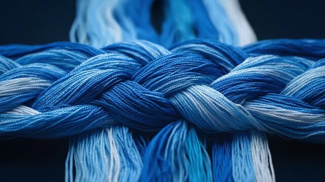 Close up of intricately braided blue and white threads showcasing gradient shades, texture, and detail of fibers intertwined dark background, highlighting craftsmanship, weaving precision