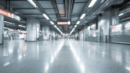Interior view of an abstract subway station with a blurred background, suitable for use in urban design projects, transport infrastructure visuals, architectural renderings, and modern transit
