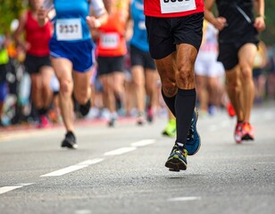 Runners in a race or community run / marathon / 5k showing legs and shoes wearing bib numbers.