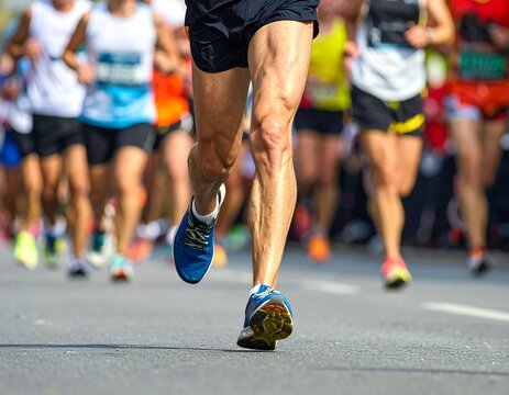 Runners in a race or community run / marathon / 5k showing legs and shoes wearing bib numbers. - Powered by Adobe