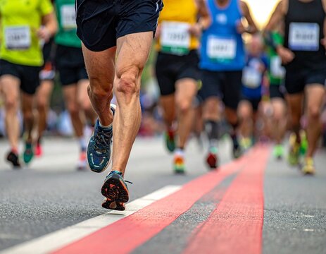 Runners in a race or community run / marathon / 5k showing legs and shoes wearing bib numbers.