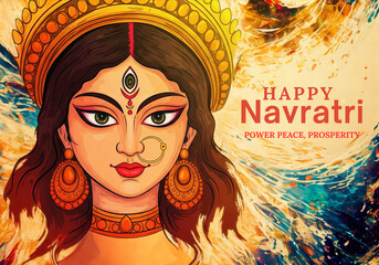 Celebrate the vibrant energy of Navratri with this artistic representation of divine feminine power, perfect for cultural events, greetings, and promoting peace and prosperity during the festival