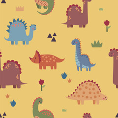 Seamless vector pattern with different types of funny dinosaurs, cute kids background