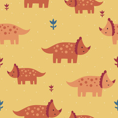 Seamless vector pattern with orange dinosaurs, cute kids yellow background