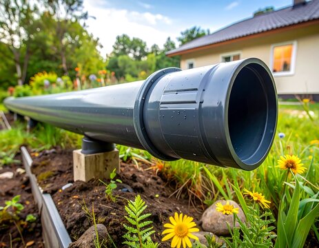 Long gray PVC pipe installed in a garden bed