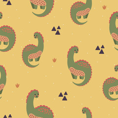 Seamless vector pattern with green funny dinosaurs, cute kids yellow background