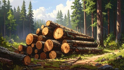 Forest Scene with Stacked Logs under Sunny Skies