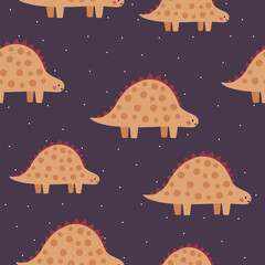 Seamless vector pattern with different types of funny dinosaurs, cute kids background