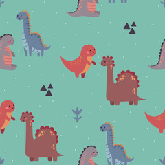 Seamless vector pattern with different types of funny dinosaurs, cute kids background