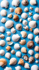 Seashells arranged on a blue background