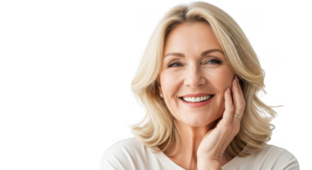 A smiling, mature blonde woman with her hand gently touching her face, isolated on transparent background