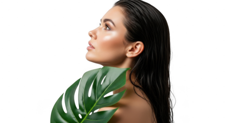 A beautiful woman with dark hair and glowing skin, holding a large green leaf, isolated on transparent background