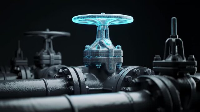Futuristic 3d animation of an industrial pipeline with a glowing blue digital wireframe valve symbolizing innovation
