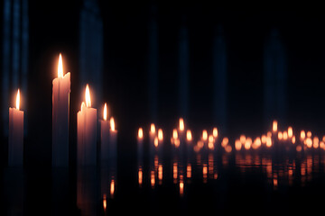 candlelit church scene, candles flicker softly in a church at night, casting a peaceful glow in the darkness