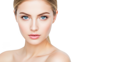 A beautiful young woman with striking blue eyes and flawless skin poses for a portrait, isolated on transparent background