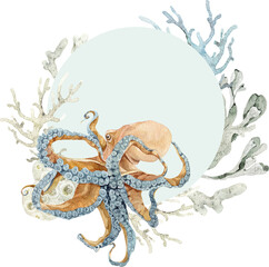 Watercolor frame, wreath with starfish, shells, coral, and seaweed. Ideal for wedding stationery, greeting cards, invitations, posters, nautical party design, and coastal decoration