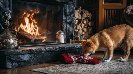 A curious dog explores a Christmas stocking hanging by the cozy fireplace in a rustic home during winter holidays, capturing the warm, festive scene of a joyful holiday season filled with wonder and