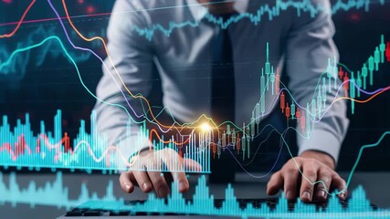 Businessman touching holographic financial charts and trading graphs with candlestick patterns. Interactive data visualization technology for market analysis, investment strategy and economic