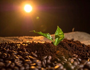 A sprout emerging from coffee grounds