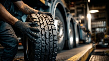A gloved mechanic inspects a truck tire in a service garage. This maintenance ensures the vehicle's safety and optimal performance on the road. The inspection focuses on tire condition.
 