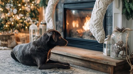 On Christmas Eve, a content dog relaxes near a crackling fireplace, adorned with holiday ornaments and lights, embodying the cozy spirit of the season as it patiently waits for Santa's arrival