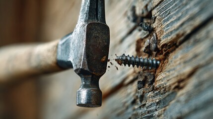 A hammer hits a metal screw embedded in wood.
 