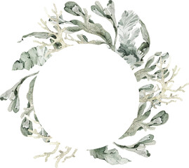 Watercolor frame, wreath with starfish, shells, coral, and seaweed. Ideal for wedding stationery, greeting cards, invitations, posters, nautical party design, and coastal decoration