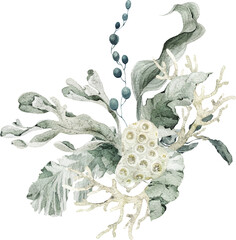 Watercolor frame, wreath with starfish, shells, coral, and seaweed. Ideal for wedding stationery, greeting cards, invitations, posters, nautical party design, and coastal decoration