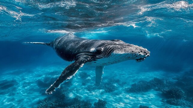 A large humpback whale glides gracefully beneath the ocean's surface in clear blue waters.
 