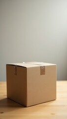 Generative AI cardboard package on wooden table.